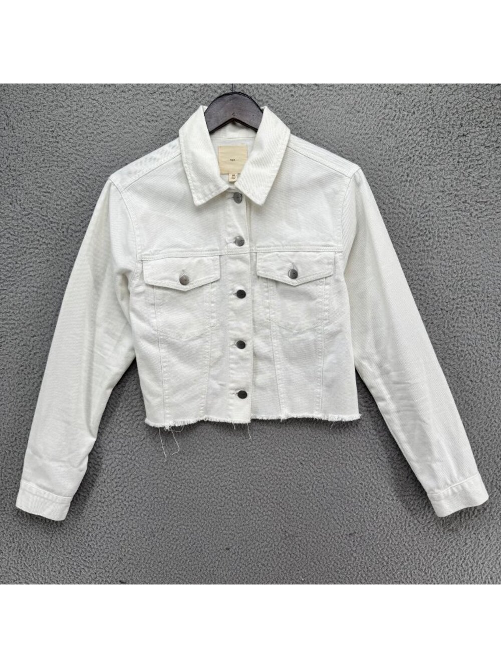 TGLA Jean Jacket Womens White Raw Fringe Hem Cotton Denim Button Front Size M